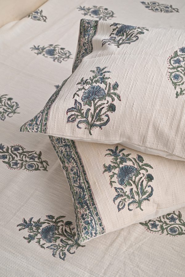 Spa Green Block Printed , Jacquard Bedcover - Image 4