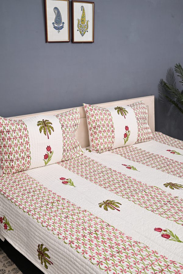 Queen Palm Block Printed Quilted Bedcover with Pillow Covers
