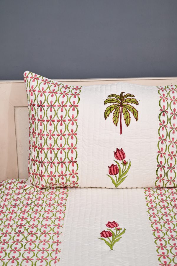 Queen Palm Block Printed Quilted Bedcover with Pillow Covers - Image 3
