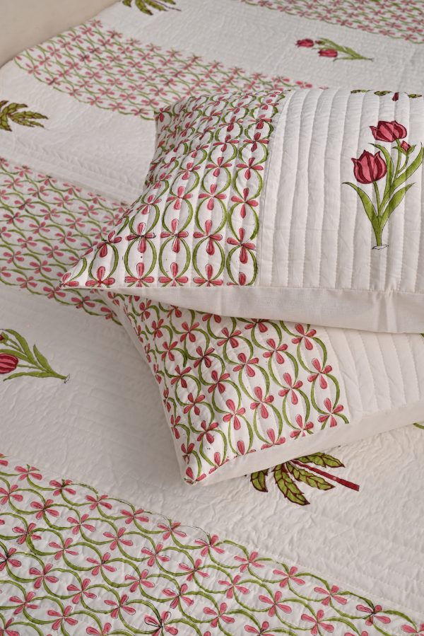 Queen Palm Block Printed Quilted Bedcover with Pillow Covers - Image 2