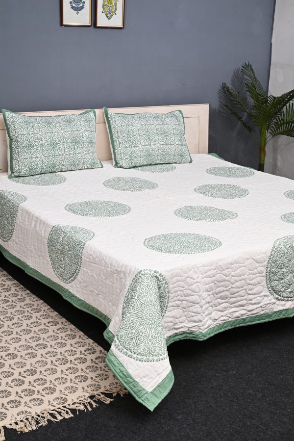 Green Gates Block Printed Quilted Bedcover with Pillow Covers