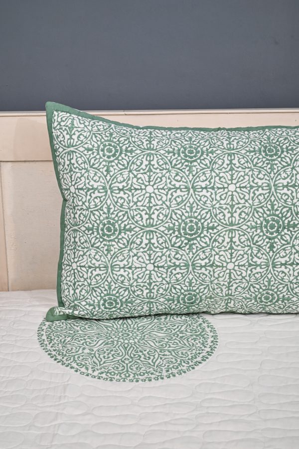 Green Gates Block Printed Quilted Bedcover with Pillow Covers - Image 3