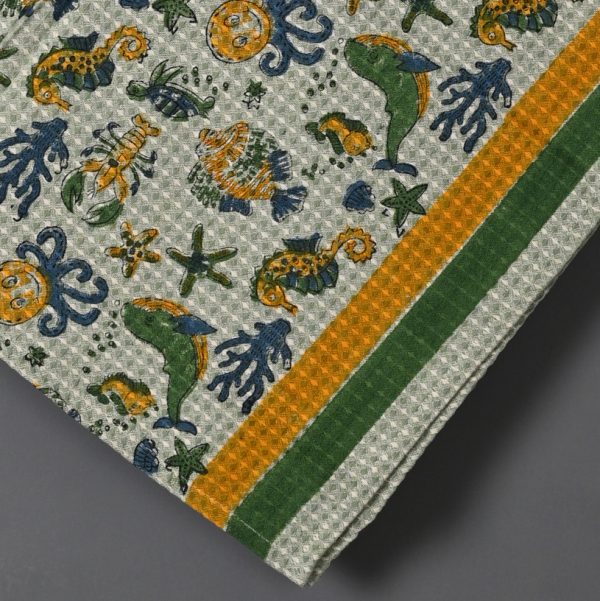 Green Seahorse Block Printed Kids Bath Towels - Image 2