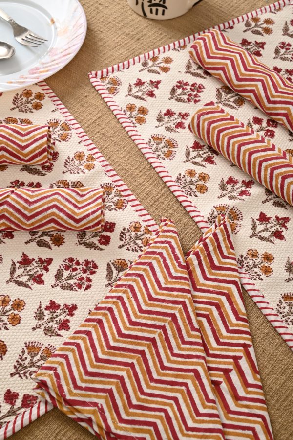 Rose Of Sharon Block Printed Placemat & Napkin Set