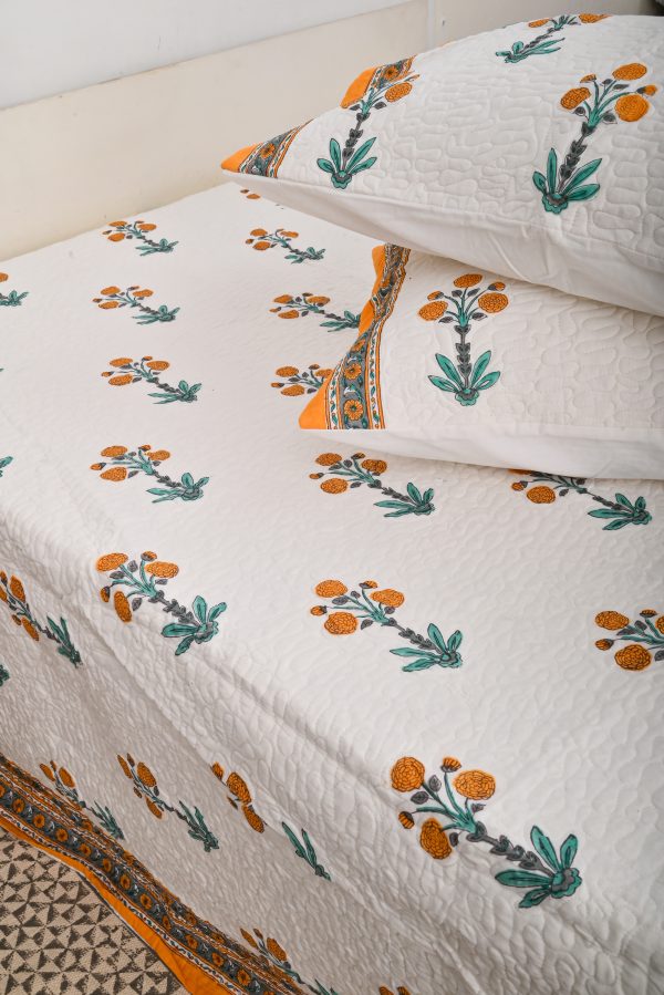 Marigold Block Printed Quilted Bedcover with Pillow Covers - Image 3