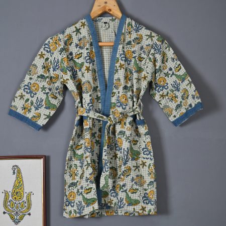 Green Seahorse Block Printed Bathrobes