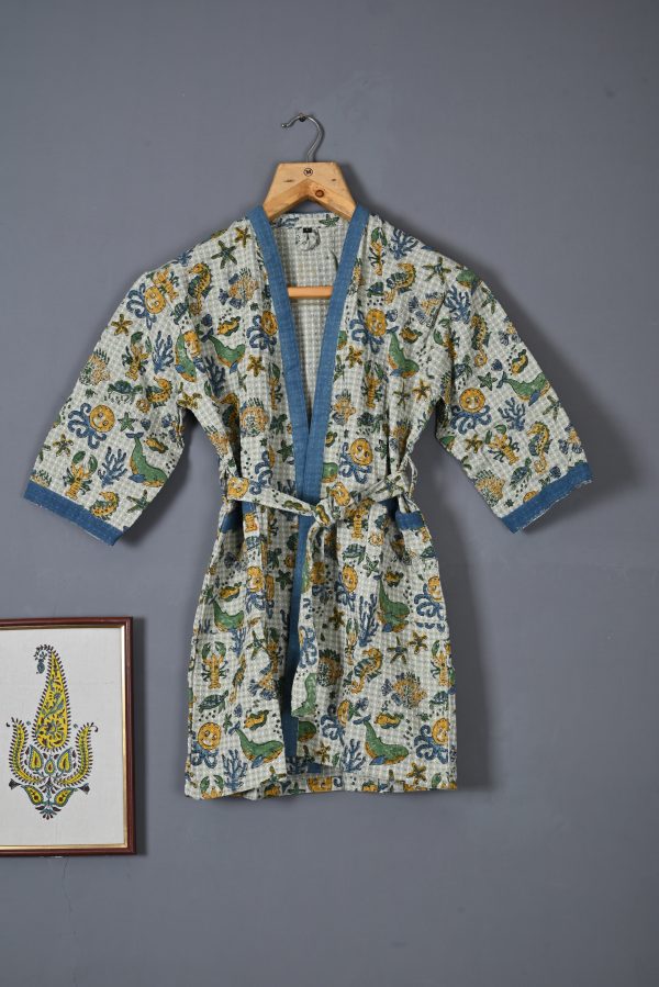 Green Seahorse Block Printed Bathrobes