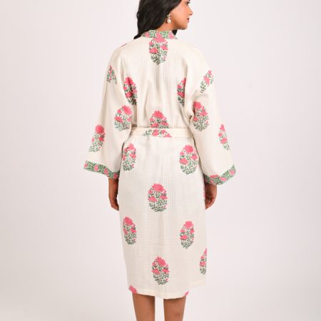 Pink Rose Block Printed Bathrobe - Image 3