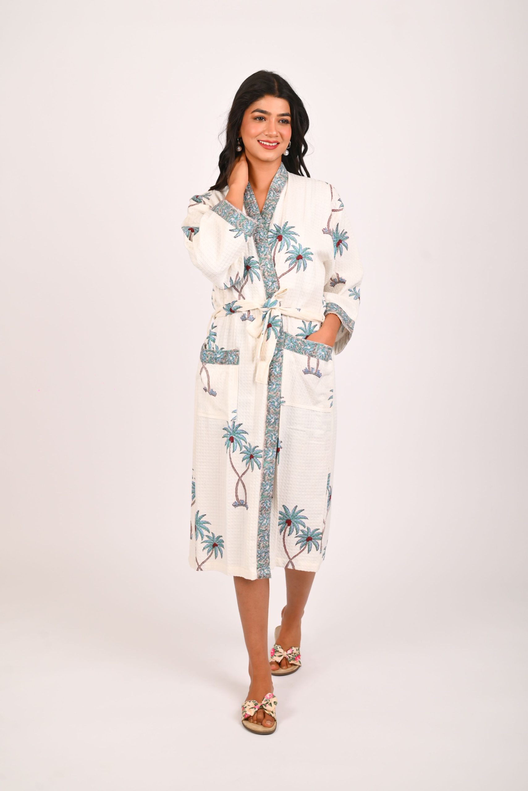 Blue Palmtree Block Printed Bathrobe - Image 4