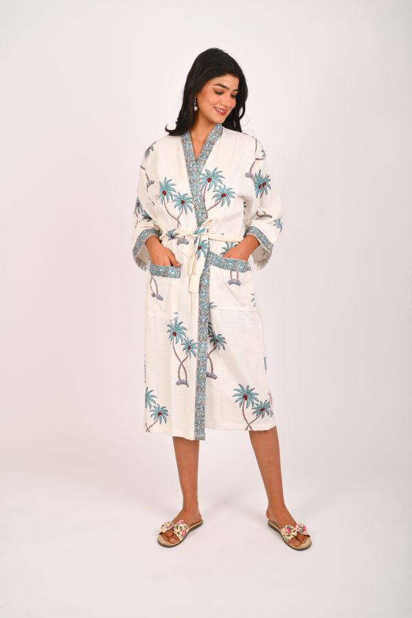 Blue Palmtree Block Printed Bathrobe