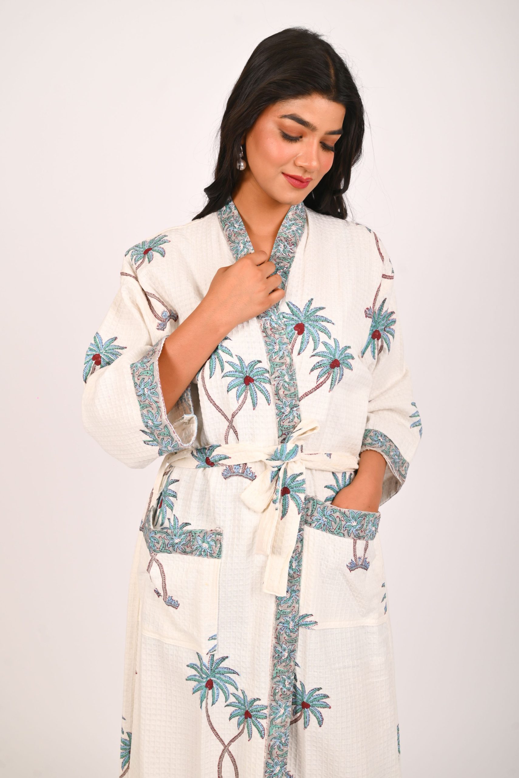 Blue Palmtree Block Printed Bathrobe