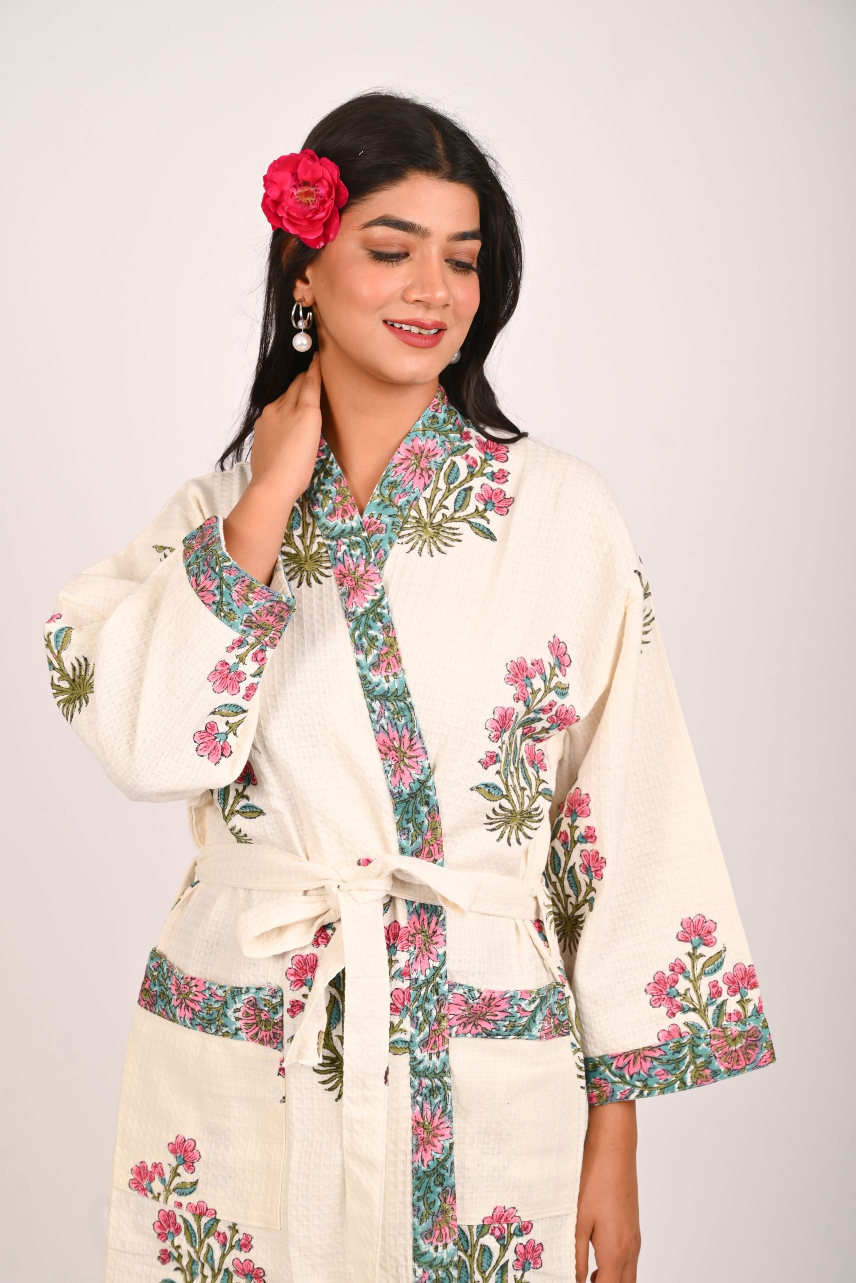 Pink Floss Block Printed Bathrobe