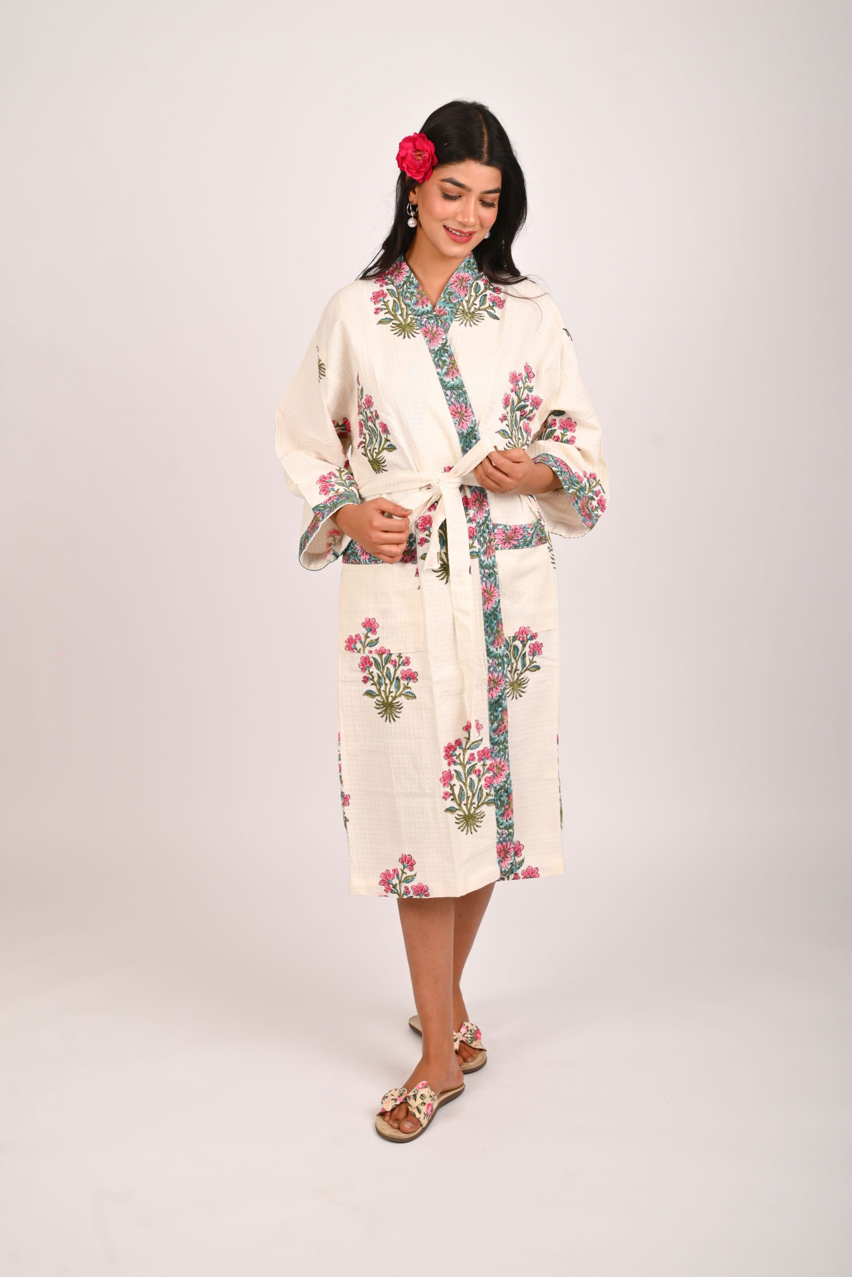 Pink Floss Block Printed Bathrobe - Image 4