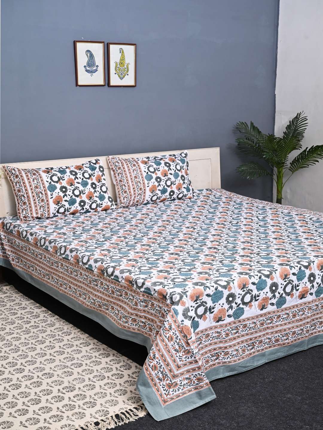 Grey Cacuts Block Printed Bedsheet