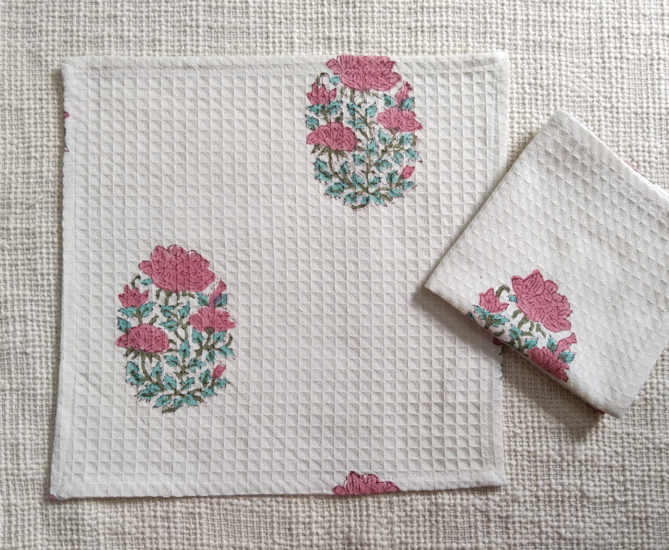 Pink Rose Block Printed Face Towels - Image 2