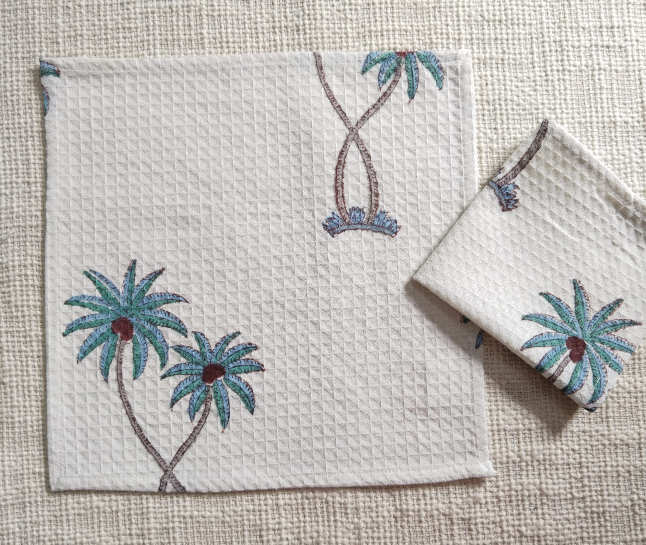 Blue Palm tree Block Printed Face Towels - Image 2